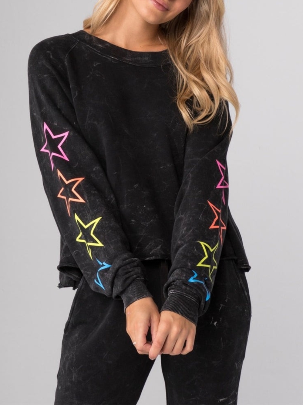CHRLDR Black Mineral Wash Sweashirt With Stars (Wide Neck)
